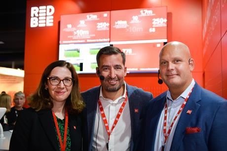 (L-R): Red Bee Media’s Margaret Davies, David Travis and Steve Nylund after the live TV event at IBC